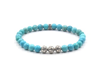 Pulsera de turquesa, pulsera de turquesa y plata de ley para hombre, pulsera para hombre, pulsera de cuentas de 6 mm, pulsera azul