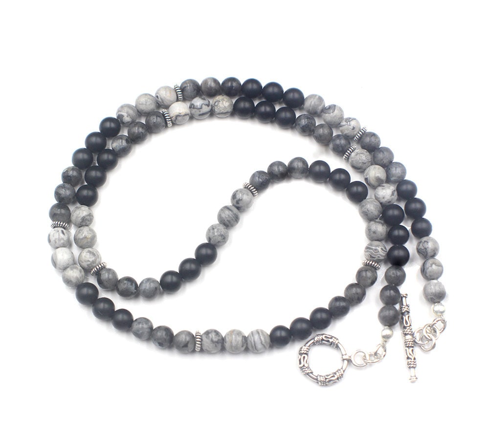 Men's Necklace, Grey Jasper, Onyx, and Larvikite Necklace, Stone