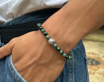 Dark Green Jade Bracelet, Men's Jade and Sterling Silver Bracelet, Men's Bracelet, Jade Bracelet for Man, 6mm Bead Bracelet