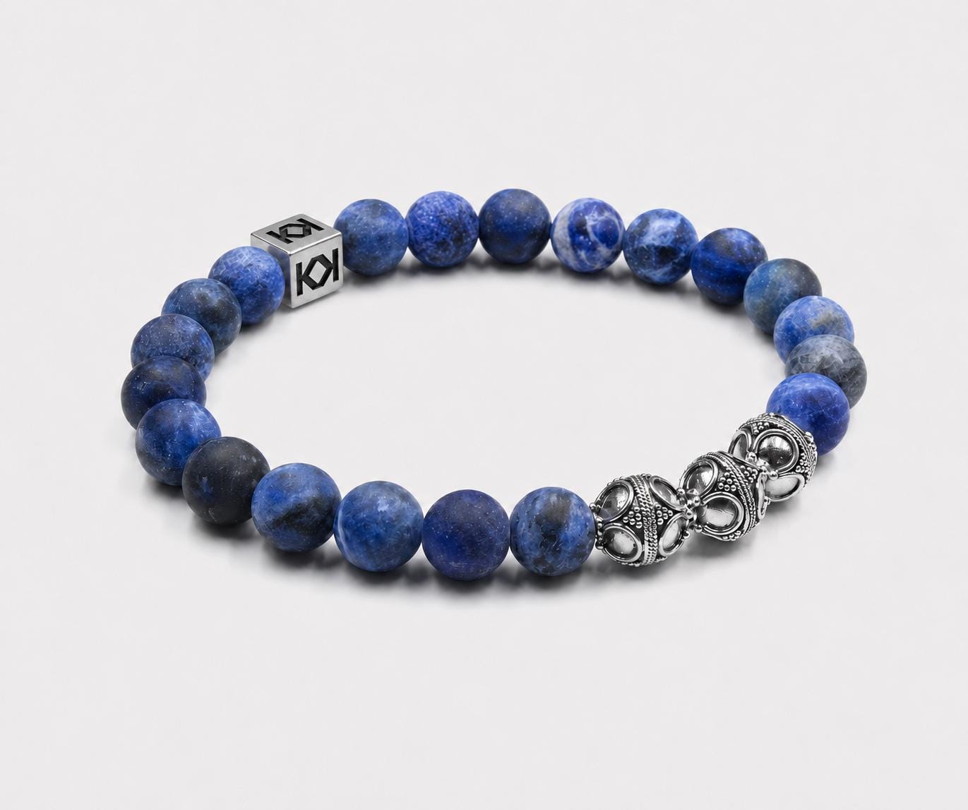 Matte Sodalite Sterling Silver Bali Bead Bracelet, Men's Blue