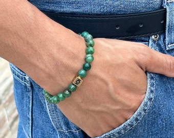 African Jade Bracelet, Jade Bracelet, Men's Beaded Bracelet, Mens Bracelet, Bead Bracelet Man, Verdite and Gold Bracelet, Jade Bracelet Man
