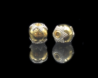 Two x 10mm 22 Karat Gold and Sterling Silver Bali Beads, Gold Vermeil Beads, Bali Beads, Beads, 10mm Bali Beads, Beads from Bali