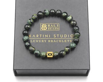 Dark Green Jade Bracelet, Jade Bracelet, Men's Beaded Bracelet, Mens Bracelet, Bead Bracelet Man, Jade and Gold Bracelet, Jade Bracelet Man
