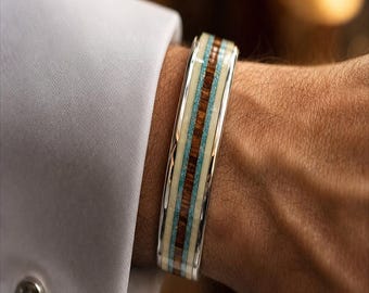 Five Inlay Cuff Bracelet, Turquoise, Coconut Wood, and White Bone Bracelet, Men's Cuff Bracelet, Sterling Silver Cuff,