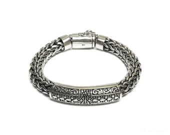 Pulsera de plata de ley tejida pesada, pulsera de cadena de plata de ley de 10 mm, pulsera de plata para hombre, pulsera de cadena de plata, plata resistente