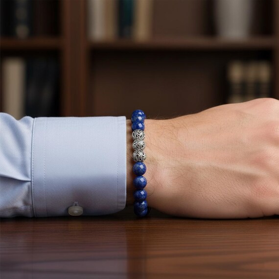 Men's Lapis Lazuli Beaded Bracelet, Sterling Silver Bali Beads - Etsy