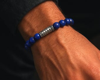 Men's Bracelet, Bead Bracelet Men, Lapis Lazuli Bracelet, Sterling Silver Bracelet, Blue Beads Bracelet, Men's Silver Beads Bracelet