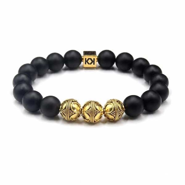 Matte Black Onyx Bracelet with 22k Gold Plated Bali Beads