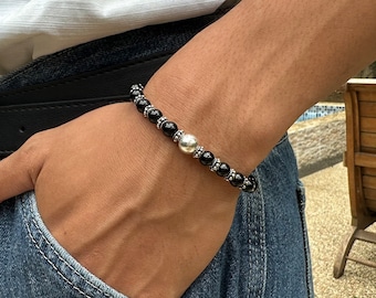 Pulsera de hombre, para hombre, pulsera para hombre, pulsera de ónix negro y plata de ley, pulsera para hombre, pulsera para hombre, para hombre, pulsera para hombre