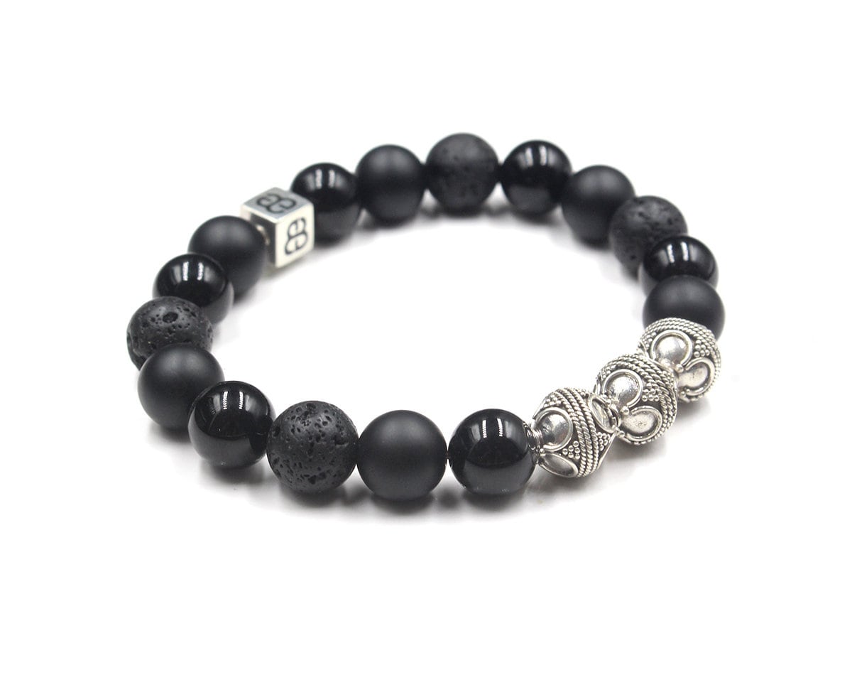 ★クール★Diesel Men's Stacked Black Lava Bead Bracelet Men's Matte Black Lava Beaded Stretch Bracelet 8mm Stack