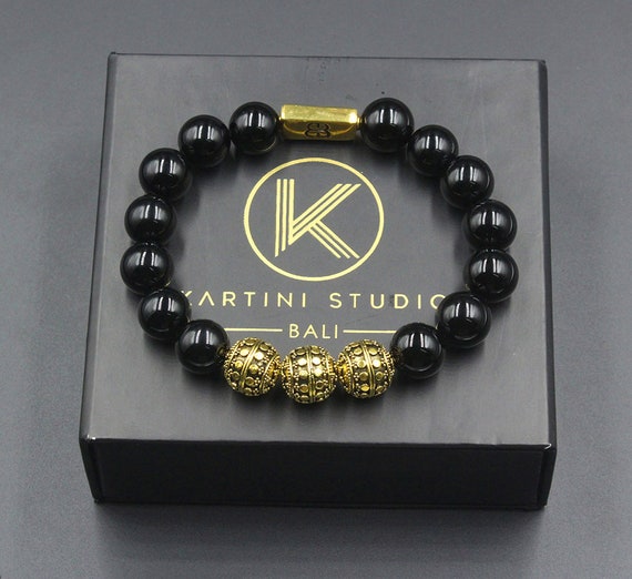 Mens stone bracelets in black onyx and steel bangle - Set of bracelet