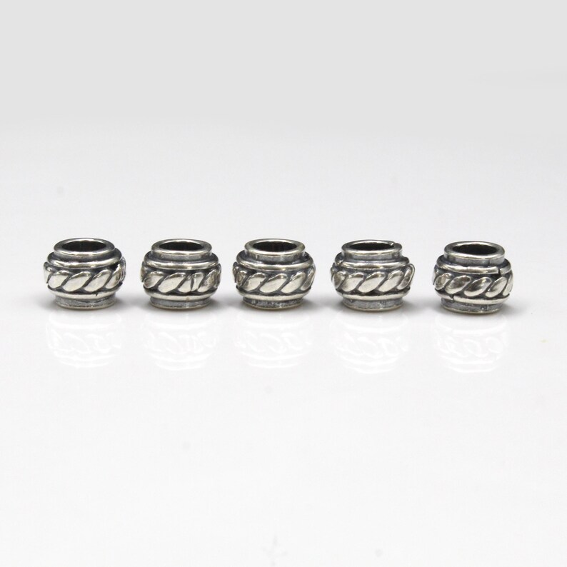 Sechs 8 mm 925 Sterlingsilber tonnenförmige Großlochperlen, 6,7 Gramm; Lot von Sechs Sterling Silber Barrel Spacer Perlen in Bali hergestellt Bild 6