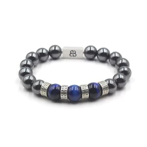 Pulsera de hombre, pulsera de hematita, ojo de tigre y plata de ley, pulsera de cuentas para hombre, pulsera para hombre, pulsera de ojo de tigre azul