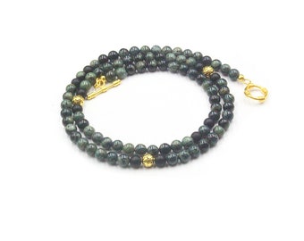 Collar para hombre, collar de cuentas de jade verde oscuro y baño de oro de 22 quilates, collar de cuentas, collar de jade para hombre, collar de cuentas para hombre