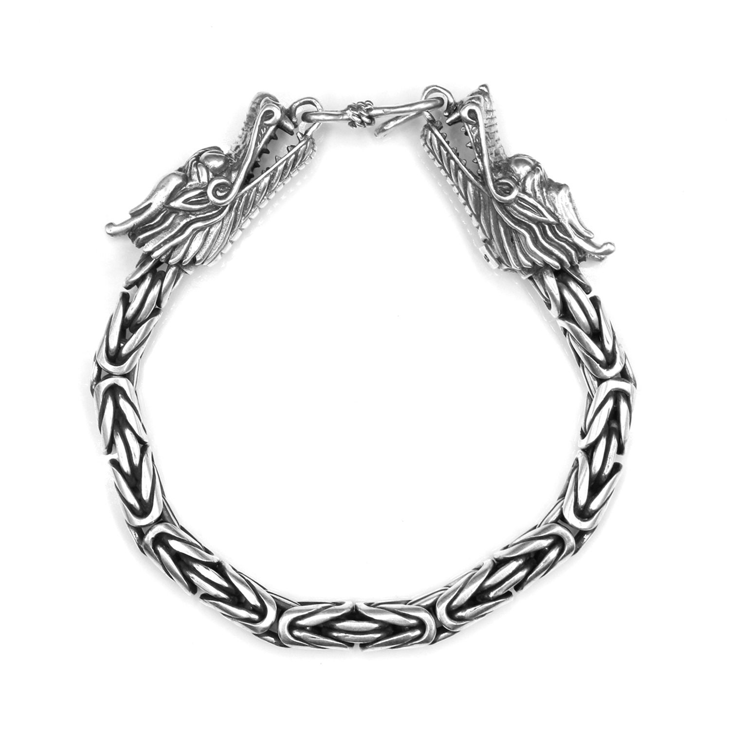 Sterling Silver Twin Dragon Bracelet, 8mm Sterling Silver Chain