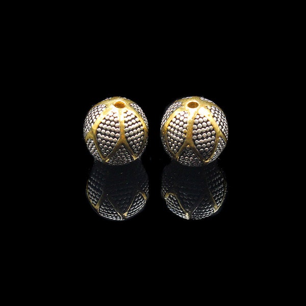 Two x 10mm Sterling Silver  & 22K Gold Bali Beads, Sterling Silver Granulation Beads. Sterling Silver Beads. Bali Beads, 10mm Bali Beads