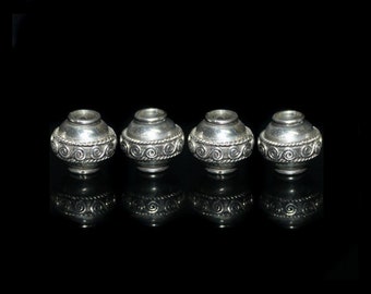Four 12mm Sterling Silver Barrel Beads, Two Sterling Silver Wire Work Bali Beads, Two Large Hole Sterling Silver Beads