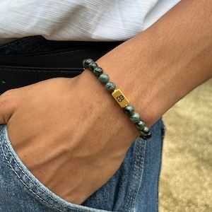 Jade and Gold Bracelet, Dark Green Jade Bracelet, Bead Bracelet Man, Nephrite Jade Bracelet, Unisex Bracelet, Jade Beads Bracelet