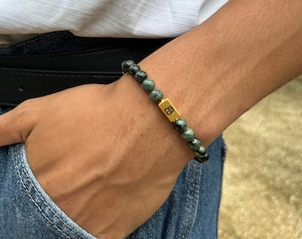 Jade and Gold Bracelet, Dark Green Jade Bracelet, Bead Bracelet Man, Nephrite Jade Bracelet, Unisex Bracelet, Jade Beads Bracelet