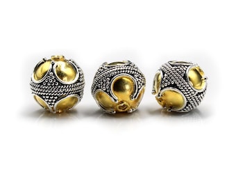 Drie 12 mm sterlingzilver en 22 karaats gouden kralen, 12 mm Bali-kralen, 12 mm-kralen, gouden en zilveren kralen, Bali-kralen