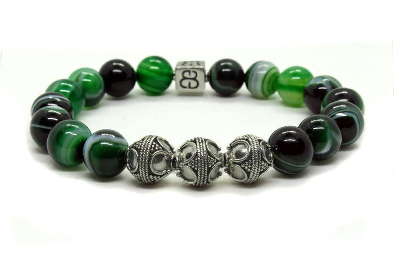 Men/'s Luxury Bracelet Green Striped Agate Bracelet Men/'s Bracelet Men/'s Silver Bracelet Men/'s Designer Bracelet