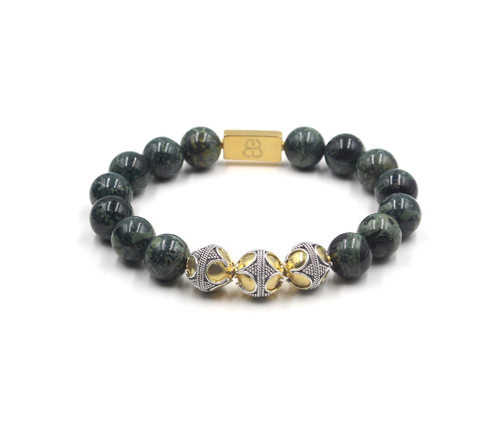 Men's Bracelet, Dark Green Jade and Gold Bracelet, Bracelet for Men, Men's Gold Beads Bracelet, Men's Bracelet, Jade Bracelet Men