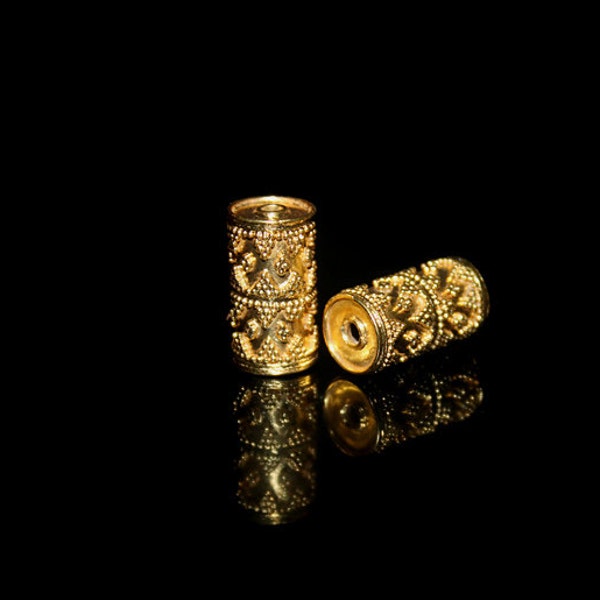 Two 22 Carat Gold Vermeil Bali Granulation Tube Beads, 17mm, 6.38 grams. Two Gold Vermeil Cylindrical Bali Beads