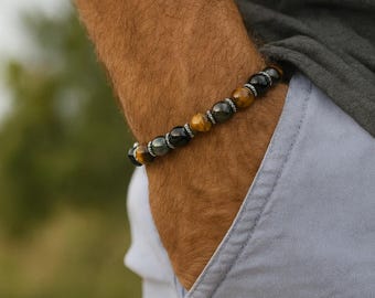 Extra Strength Energy Protection Bracelet, Tiger's Eye, Hematite, Black Obsidian, and Sterling Silver Prosperity Bracelet, Unisex Bracelet