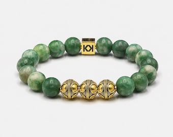 Men's Qinghai Jade Beaded Bracelet, 22k Gold Plated Sterling Silver Bali Beads