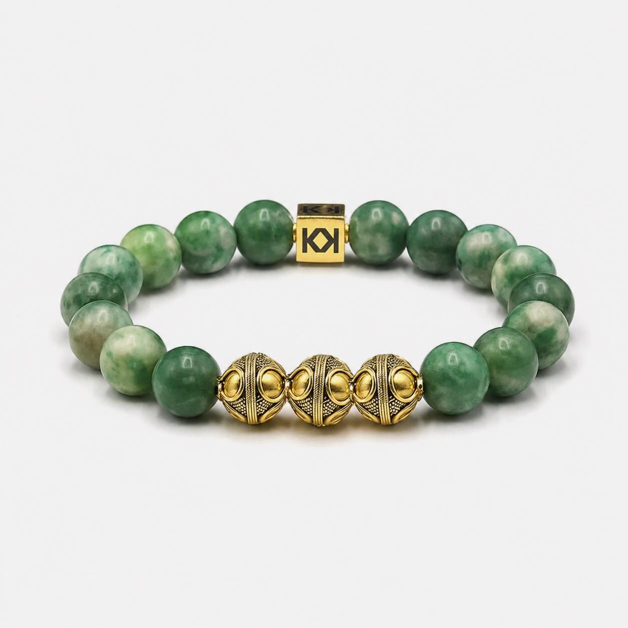 Men's Qinghai Jade Beaded Bracelet, 22k Gold Plated Sterling