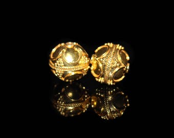 Two 15mm Gold Vermeil Bali Beads, Gold Vermeil Granulation Beads, Bali Beads, Gold Beads, Vermeil Bali Beads, Vermeil, Beads