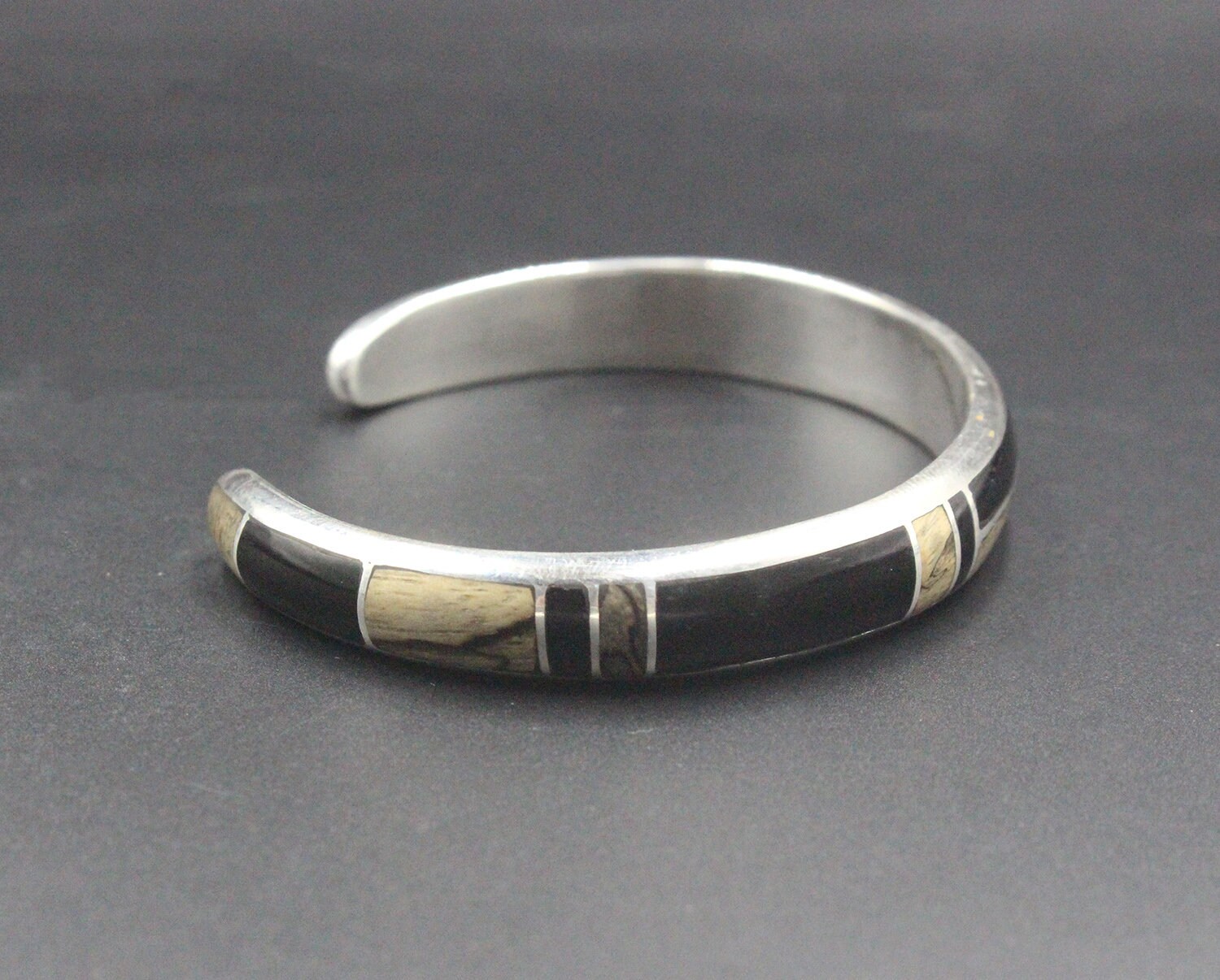 Men's Cuff Bracelet, Black Onyx and Wood Bracelet, Sterling