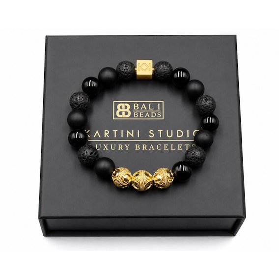 Black Onyx Lava Stone Sterling Silver Bali Bead Bracelet for Men