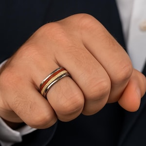 Men&#39;s Ring, Titanium Ring, Triple Inlay Ring, Red Jasper Stone,  Rosewood, and Spalted Tamarind Wood Ring, Men&#39;s Titanium, Titanium Ring