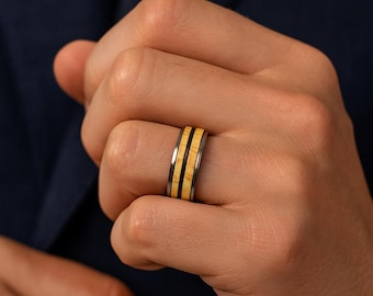 Men's Ring, Titanium Ring, Tropical Hardwood and Black Buffalo Horn Ring, Horn Inlay Ring, Men's Titanium Ring, Wood Inlay Titanium Ring