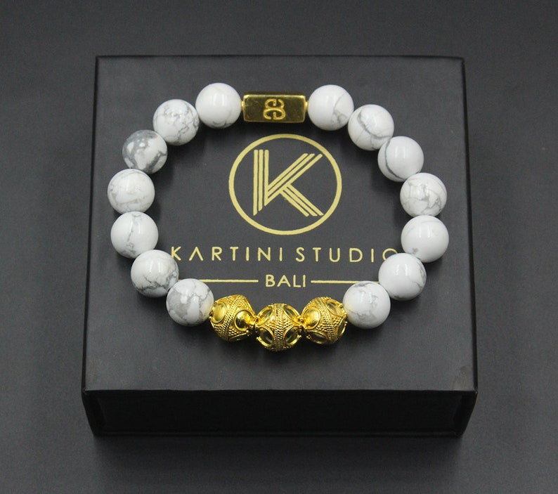 White Howlite Bracelet, Men's White Howlite and Gold Bracelet, Men's Gold Bracelet, Men's White Bracelet, Men's Luxury Bracelet image 1