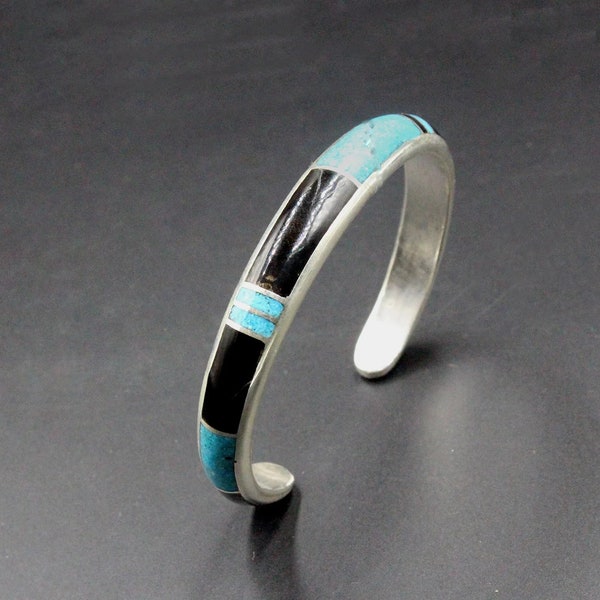 Turquoise and Onyx Sterling Silver Cuff Bracelet, Turquoise Bracelet, Solid Sterling Silver Cuff Bracelet, Black Onyx Cuff Bracelet