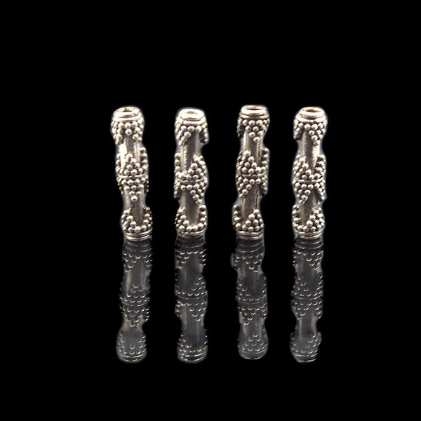 Four x 20mm x 4mm Sterling Silver  Beads, Sterling Silver Bali Granulation Beads, Bali Beads, Sterling Silver Beads, Silver Tube Beads