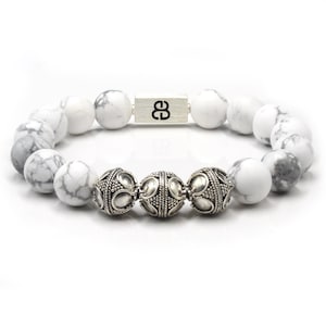 White Howlite Bracelet, Bracelets for Men, Howlite and Sterling Silver Bead Bracelet, Bead Bracelet Man, Guy&#39;s Bracelet, Man&#39;s Bracelet