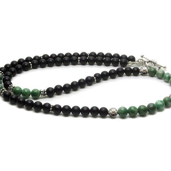 Men's Jade and Black Onyx Necklace, Qinghai Jade and Sterling Silver Beads Necklace, Men's Necklace, Beaded Necklace, Men's Beaded Necklace