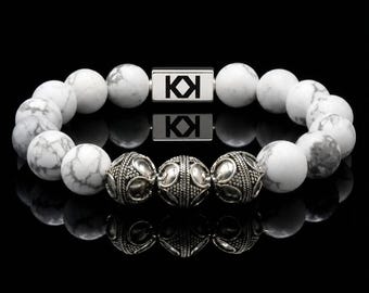 Witte howlietarmband, armbanden voor heren, howliet en sterlingzilveren kralenarmband, kralenarmband heren, herenarmband, herenarmband