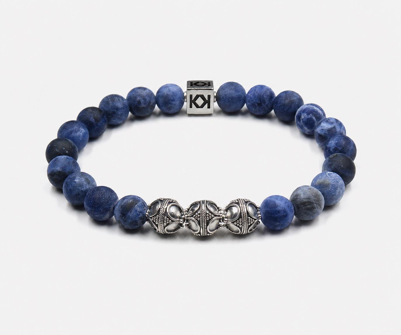 Matte Sodalite Sterling Silver Bali Bead Bracelet, Men's Blue