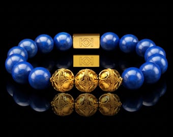 Lapis Lazuli Beaded Bracelet, Sterling Silver Bali Accents, Men's Luxury Jewelry