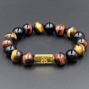 Men&#39;s Bracelet, Mixed Tiger&#39;s Eye and Onyx Bracelet, Stone Bracelet Men, Bracelet, Men&#39;s Gold Bracelet, Vermeil Bracelet, Bracelet Men