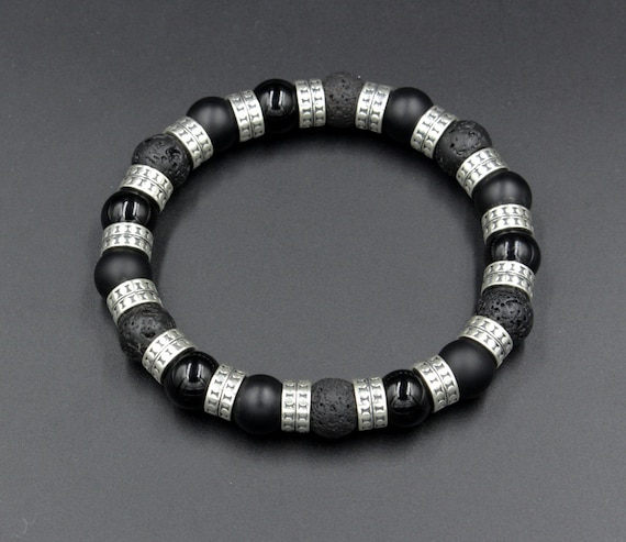 Men's Onyx and Lava Stone Bracelet Mixed Black Stone and Sterling Silver Bracelet