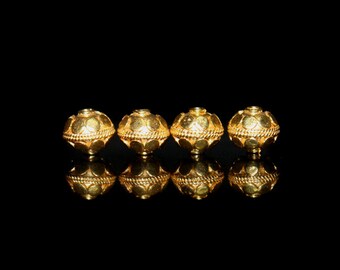 Four 8mm Gold Vermeil Hammered "Dots" Beads, Gold Vermeil Beads, Gold Vermeil Bali Beads. 8mm Gold Beads, Gold Vermeil Bali Beads