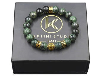 Bracelet pour homme, Bracelet en jade vert foncé et or, Bracelet pour homme, Bracelet pour homme en perles d&#39;or, Bracelet pour homme, Bracelet en jade pour homme