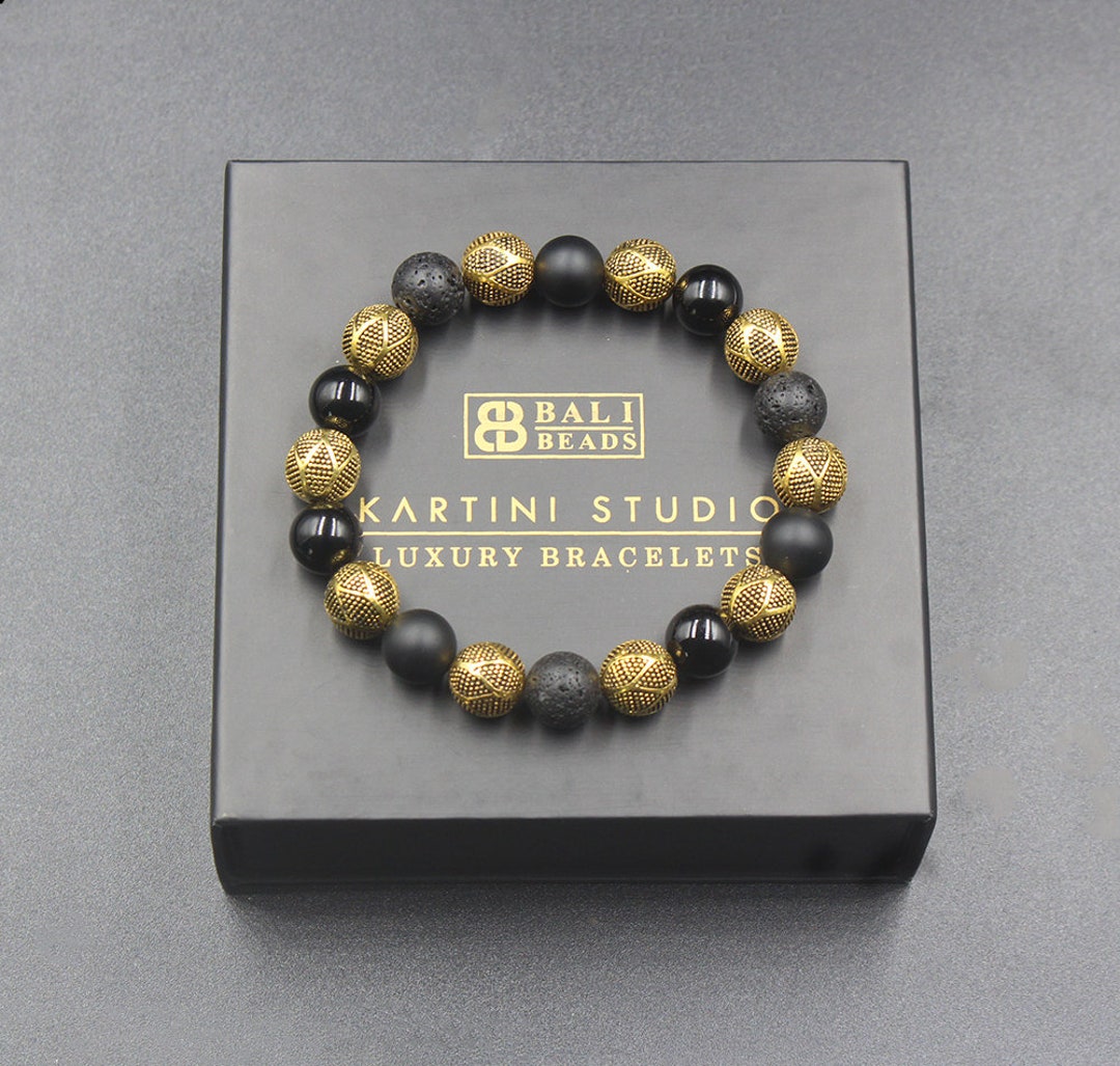 Men's Lava Stone & Black Beads Bracelet Set | Nudi Point