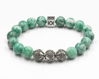 Qinghai Green Jade Sterling Silver Bali Bead Bracelet Men's (10mm)