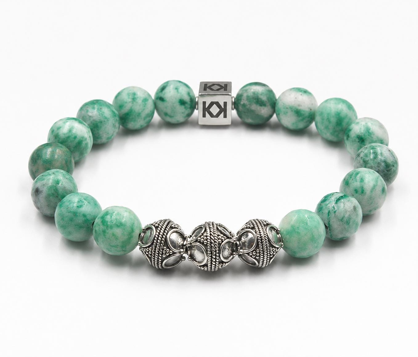 Qinghai Green Jade Sterling Silver Bali Bead Bracelet Men's (10mm